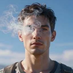 portrait of man, his head is fully blurred in smoke vaporizing, vivid sky in background, made andrew chiampo, artstation, frederik heyman, extremely detailed, stunning volumetric lighting,, hyperrealism, 3 d render, octane render, unreal engine, fantasy, intricate detail, 4 k, futuristic, sharp focus, smooth