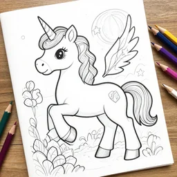 unicorn coloring book page filled in with colored pencils