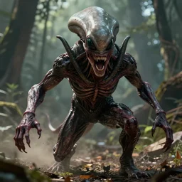 still from a horror movie of grotesque alien monster lunging towards the camera, highly detailed, horror movie scene, unreal engine, octane render, natural light outside