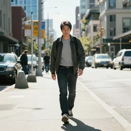yoshi walking down the streets of seattle, sunlight, sunny day, full shot