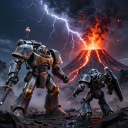 a battle between mecha next to an erupting volcano, dark, dramatic lighting, lightning, apocalypse, warhammer 4 0 k