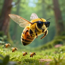 a muscular flying bee wearing sunglasses forest landscape, photo realistic, small bees following the leader