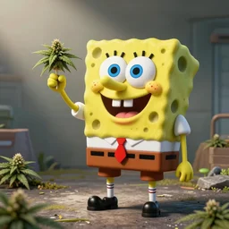 spongebob, in a suit, serving marijuana
