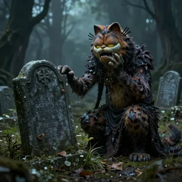 an ancient, eldritch, and godlike garfield crying at a overgrown and abandoned grave trending on artstation deviantart pinterest photorealistic hd 8 k highlights and shadow detailed high resolution
