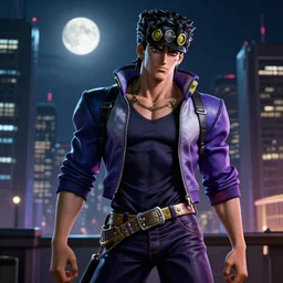 cyberpunk dio brando from jojo's bizarre adventure in real life, in a cityscape at night with a full moon, realistic, detailed, intricate, 4 k hd, high resolution, octane render