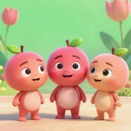 three little fruitties being friends, disney, pixar, cgi, hyperdetailed