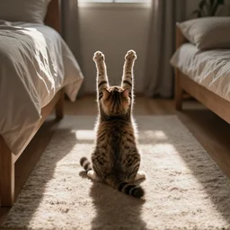 the legs of a cat sticking up from the carpeted floor of a bedroom