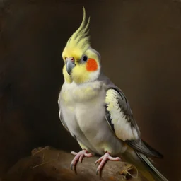 A masterpiece portrait of a cockatiel by Rembrandt, dramatic lighting, oil on canvas