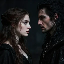 face to face to a lich lord, portrait of a beautiful woman and man looking to each other, high detail, partially in shadow, dark fantasy vibe, face, by gaston bussiere, bayard wu, greg rutkowski, auguste bourotte, bastien deharme, masterpiece, sharp focus, cinematic lightning