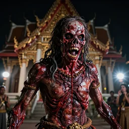 a found footage of an exorcism of horror flesh in thai temple night scene with flash, sharp focus, trending on artstation, cinematic lighting, hyper realism, octane render, 8 k, hyper detailed, vivid, ultra detailed, highly detailed