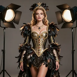 beautifull model, wearing baroque feather armor, luxury materials, symmetrical, cinematic, elegant, professional studio light, real dlsr photography, sharp focus, 4 k, ultra hd, sense of awe, high fashion