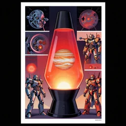 a lava lamp with jupiter and its mech odsts inside. poster art by donato giancola and greg rutkowski and wayne barlow. structured 1 9 9 8 cover.