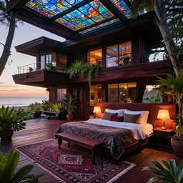 award winning design master bedroom of an all black psychedelic modern ecopunk frank lloyd wright beach house mansion made entirely of redwood during sunset with soft lamp light, lots of plants and stained glass ceilings and persian rugs
