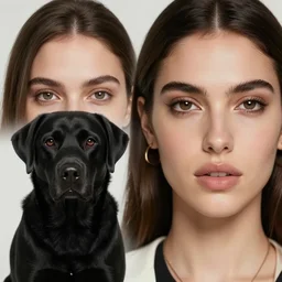 a close up, perfect face of beautiful Estefania Villegas Burgos walking next to her black labrador dog , symmetrical, 8K, octane render, 8K,