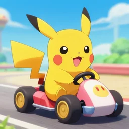 a still of kirby pikachu from mario kart