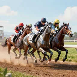 “ matte mechanical race horses by l. frank baum, lining up for a race at a race track, octane render, 3 d animated, unreal engine 5, dynamic lighting, hdr, 8 k ”