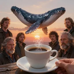 portrait of morning coffee, epic sunrise, a whales hovering around a fresh cup of coffee by peter mohrbacher, allen williams, wayne barlowe, boris vallejo, aaron horkey, gaston bussiere,