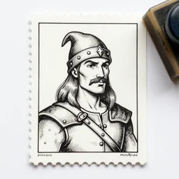 Robin Hood character stamp in medieval style by frank godwin and moebius, ink outline, charcoal on paper, exlibris, rubber stamp