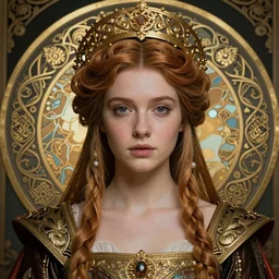 beautiful young medieval queen by magali villeneuve, iris van herpen, jean delville, james jean, art nouveau, visionary, symbolist, detailed face portrait octane render, ornate garments, beautifully lit, innocent face