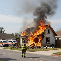 a photo of a house burning down in the background with emergency vehicles nearby and bill gates with an eerie smile in the foreground, strong depth of field