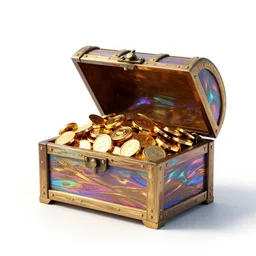 holographic treasure chest overflowing with gold, stylized 3d render, isolated on a pure white background, centered, entire object in frame, sharp focus, soft studio lighting