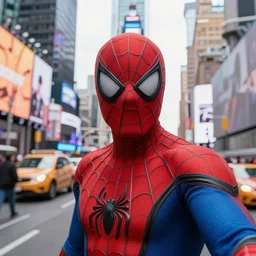 photo realistic, spiderman selfie in time square