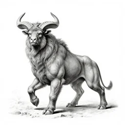 full body grayscale drawing by Gustave Dore of muscled horned humanoid beast in heroic pose, swirling flames in background