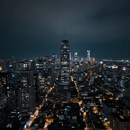 A futuristic cityscape at night, with all the lights twinkling and the sky is ominous-looking