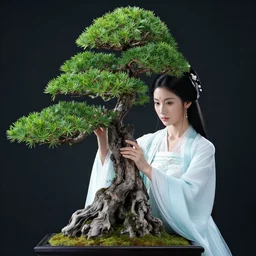 “a beautiful image of a goddess under a bonsai tree controlling its growth magically”