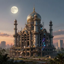 a beautiful hyperdetailed render of nature gurdwara city unfinished building urbex industrial architecture by camille pissarro, moon at summer scumm bar evil at dusk tokyo tundra vice city sunset forest morning sun steampunk extraterrestial galactic laser crystal postcyberpunk, archdaily, wallpaper, highly detailed, trending on artstation.