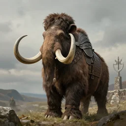 ancient norse mammoth rider, wearing norse armor, beksinski