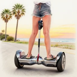 a closeup photorealistic colored pencil sketch of Jane Seymour riding a hoverboard at the beach during sunset. Palm trees in the background. This 4K HD image is Trending on Artstation, featured on Behance, well-rendered, extra crisp, features intricate detail and the style of Unreal Engine.