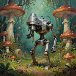 a chrome drilling bot in a jungle village of mushroom dwellings, matte oil painting, retrofuturistic, science fantasy, salt, rust, mutant, lgbt, queer, rpg, epic, dungeons & dragons, sacred, sharp focus, award - winning, extremely detailed, 4 k, 8 k