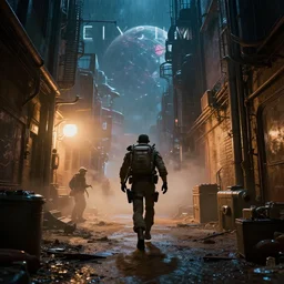 a film still from elysium by ian mcque, an anti - crime unit descends upon an alley of a dusty sprawling industrial planet, vibrant, 5 0 mm lens, video game character and environment design, behance hd, studio, night time, rain, mist, dramatic lighting, cinematic, global illumination, trending on artstation, bloom