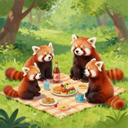 painting of a family of anthro humanoid red pandas having a picnic in the park, picnic blanket, food and drink, detailed park background, detailed, vivid, beautiful, trending on artstation