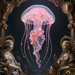 huge standalone elaborate photorealistic cyber pinkish jellyfish in the style of botticelli and ernst haekel, with cyberpunk liberty and flemish baroque details. hd matte background