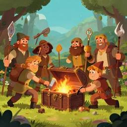 happy adventuring party looting a chest, fantasy