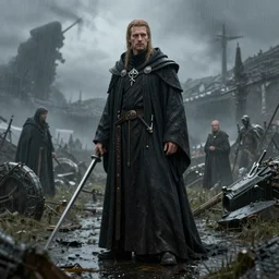 ( ( ( ( ( hyperrealist distant portrait of elric of melnibone in wizard robes on a rainy battlefield. ) ) ) ) ) by daniel f. gerhartz and matt stewart, fantasy, photorealistic, octane render, unreal engine, dynamic lighting, bet face, handsome drow, beautiful, perfect factions, perfect drow, trending on artstation, poster, volumetric lighting, very detailed faces, 4 k, award winning