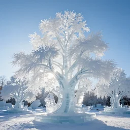 sunlight illuminating a magnificent beautiful delicate ice sculpture tree forest, light shining through the trees made out of ice, artwork by gerald brom, 4 k, masterpiece