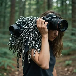 a closeup of a woman carrying a pile of chains, in a forest, by Erik Almas, CANON Eos C300, ƒ1.8, 35mm, 8K, medium-format print