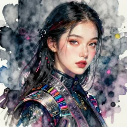 korean women's fashion model, intricate watercolor cyberpunk vaporwave portrait by fiona staples