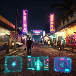 night time escene with la terminal market in guatemala at night timewith bright colorful neon advertising and graffiti all over the place with cyberpunk aesthetic and visually like gta v with neon hud with game of the year edition graphicswith bloom and lightshaft, with first person view