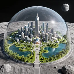 futuristic city built under a dome with parks and lakes on the moon, outside view, hyperdetailed, artstation, cgsociety, 8 k