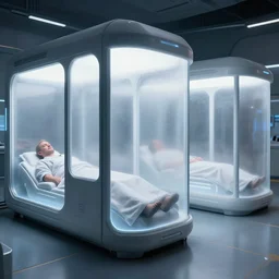 epic professional digital art of upright futuristic slim cryogenic chambers with frosted windows and outline of sleeping patients inside, hamish frater, jim burns, wayne barlowe, unreal engine 6 maya render, octane, hd, 4 k