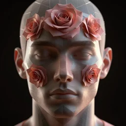face of a man, with geometric patterns of rose, volumetric dramatic light, dark black background, sharp focus, octane render, futurism