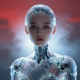 closeup portrait of a transparent cyborg beautiful girl android, shattered glass, goo, cinematic light, backlight glow, red sky blue, mist, by mikhail vrubel, by philippe druillet, by peter elson, by gerald brom, muted colors, ( ( extreme detail ) ), trending on artstation, 8 k