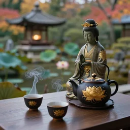japanese garden, lotus, temple, statue, traditional japanese tea pot, two smoky cup of tea on a wood table, smoky autumn lightings, japanese garden background, micro details, ( ( ( intricate ) gold details ) ), photorealism, crisp, hasselblad camera, by annie leibovitz