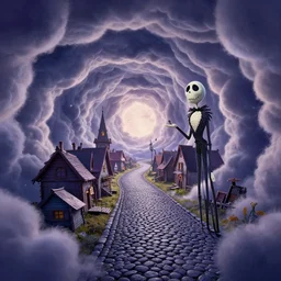 curled perspective digital art of curvy clouds small village cobblestone street anton fadeev from nightmare before christmas