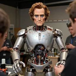 animatronic John C. Reilly, exposed mechanics, BTS photo from Stepbrothers, Stan Winston studios, detailed, 4k
