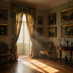 inside a 1 9 th century home, morning, light shining from behind brocade curtains, lots of framed art hanging on the walls, polished wood floor, rays of light, golden hour, dust, antique furniture, photorealism, by vilhelm hammershøi
